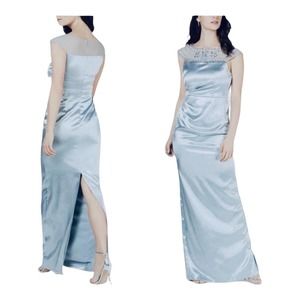 Adrianna Papell Vintage Inspired Side Pleated Blue Satin Gown Formal Maxi Dress